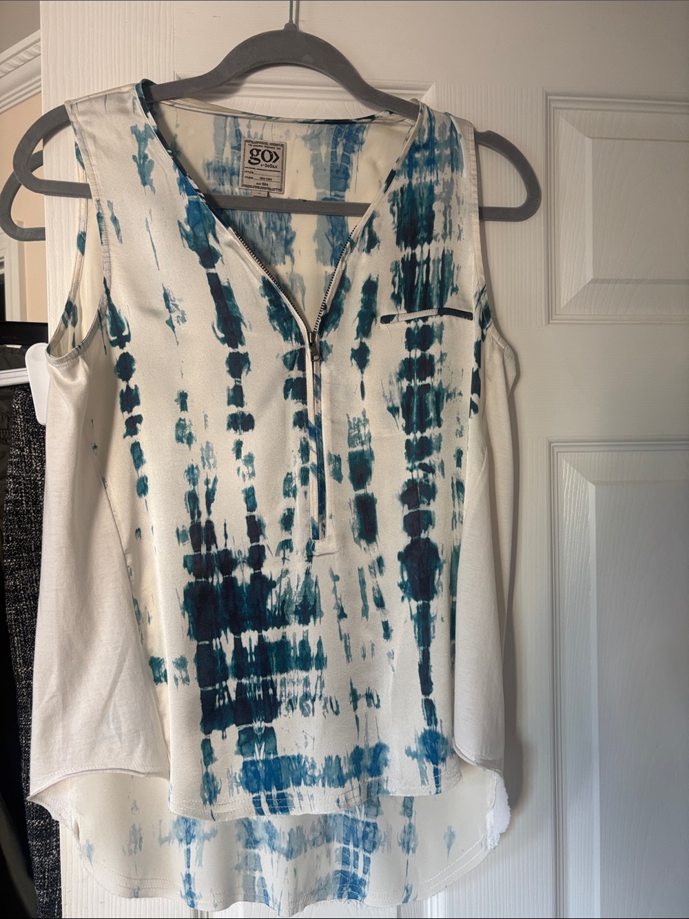 GO BY GO SILK White Tank Top with Teal Tie-Dye and Front Zip